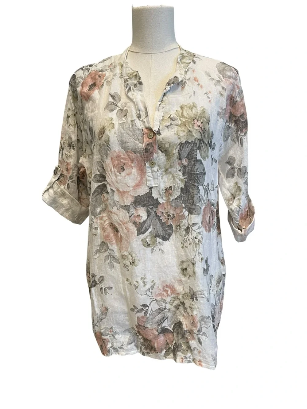 W made in Italy Floral Split-Neck Linen Tunic Top - White